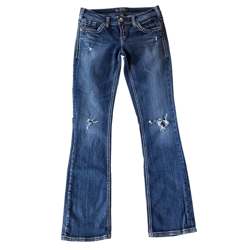 Silver Jeans Co Aiko Bootcut Distressed Medium Wash Thick Stitch Jeans Womens - Picture 2 of 8